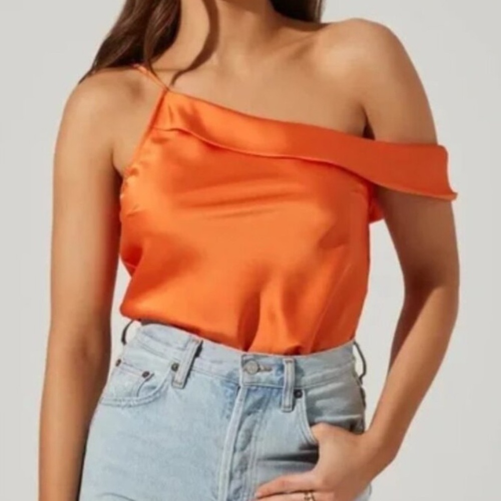 Astr Vibrant Orange Satin One-Shoulder Blouse